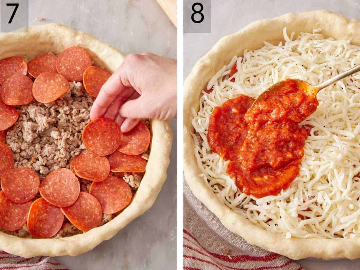 Set of two images showing sausage and pepperoni slices layered, then shredded cheese added, and pizza sauce spooned on top.