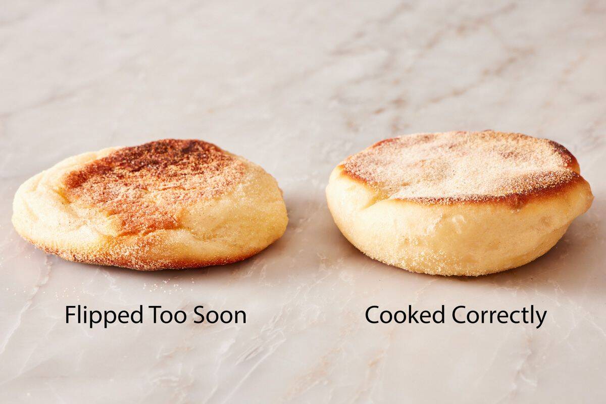 Two English muffins side by side: One flipped too soon and the other cooked correctly.