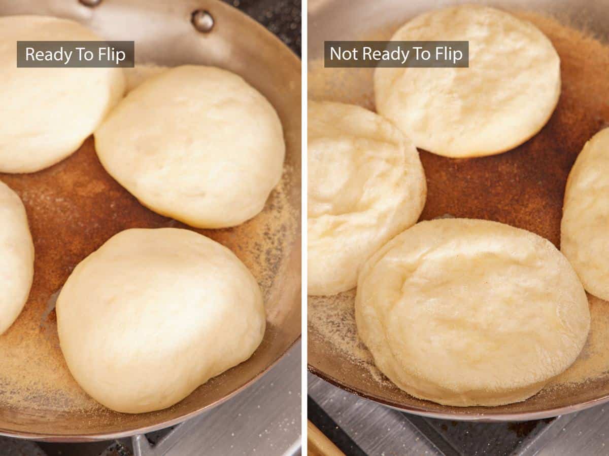 Set of two images showing English muffins that are ready to flip versus not ready to flip.