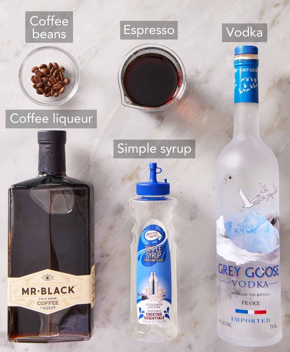 Ingredients for an espresso martini.