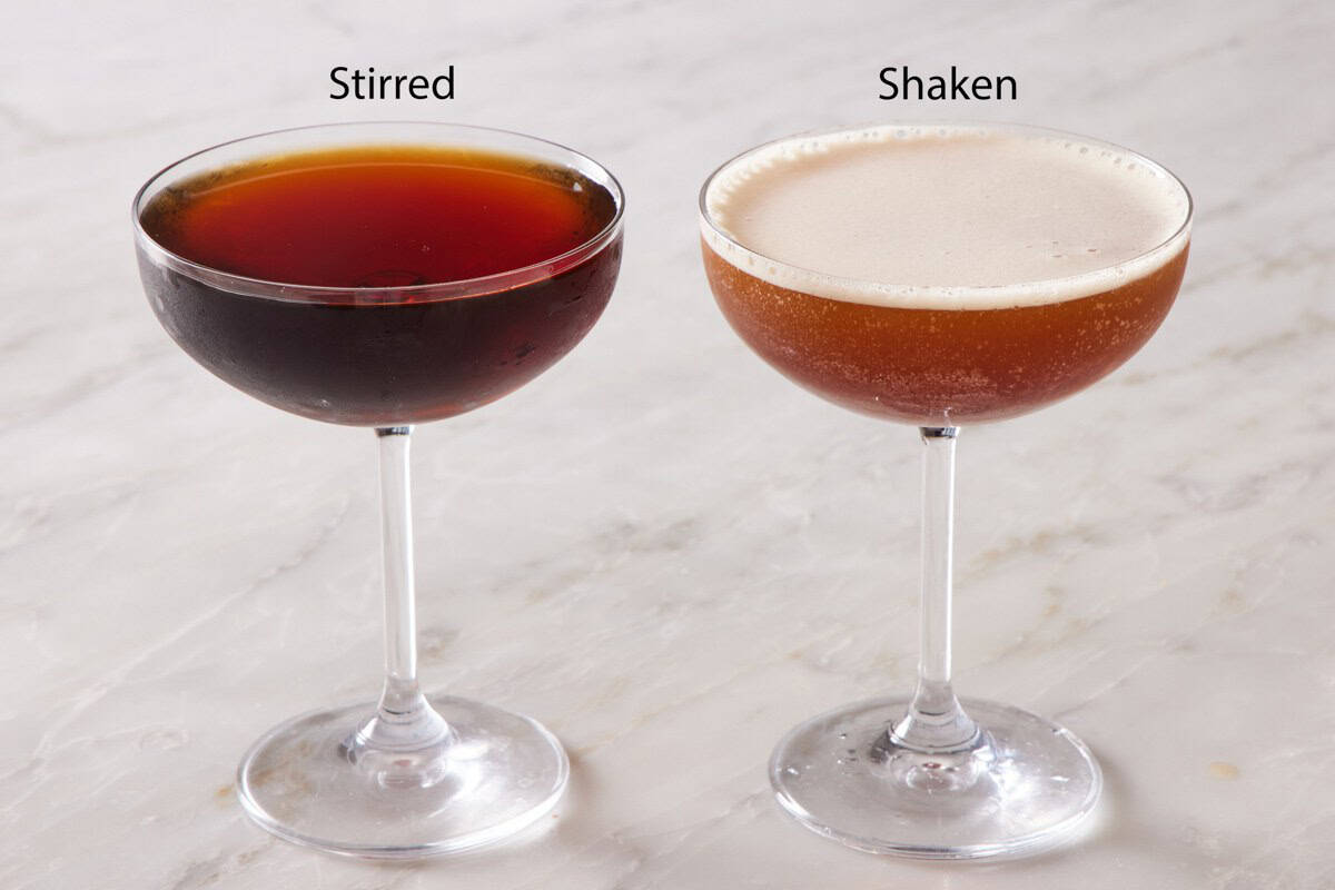 Comparison of a shaken versus stirred espresso martini.