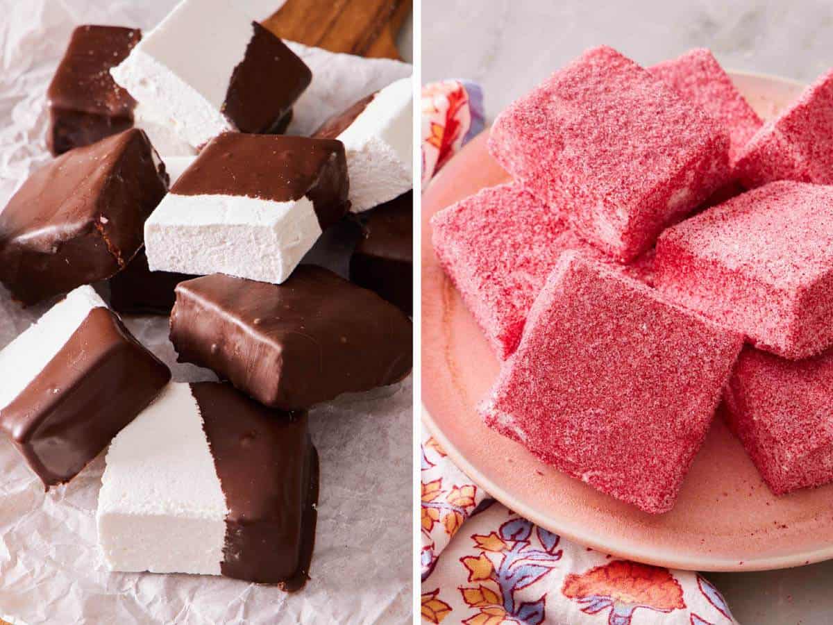 Set of two images showing marshmallow recipe variations: dipped in chocolate, and tossed in flavored sugar.
