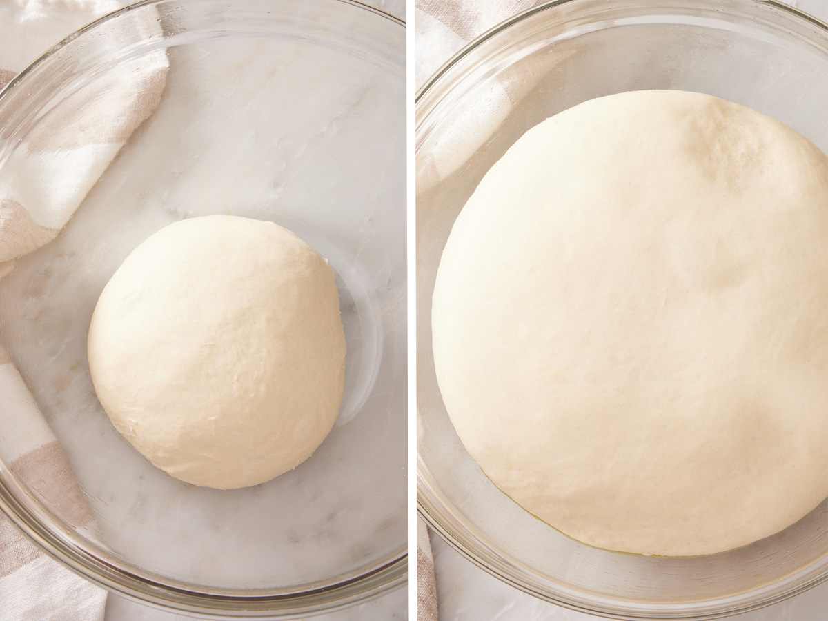 Set of two images showing pizza dough right after mixing, and after an hour of rise time.