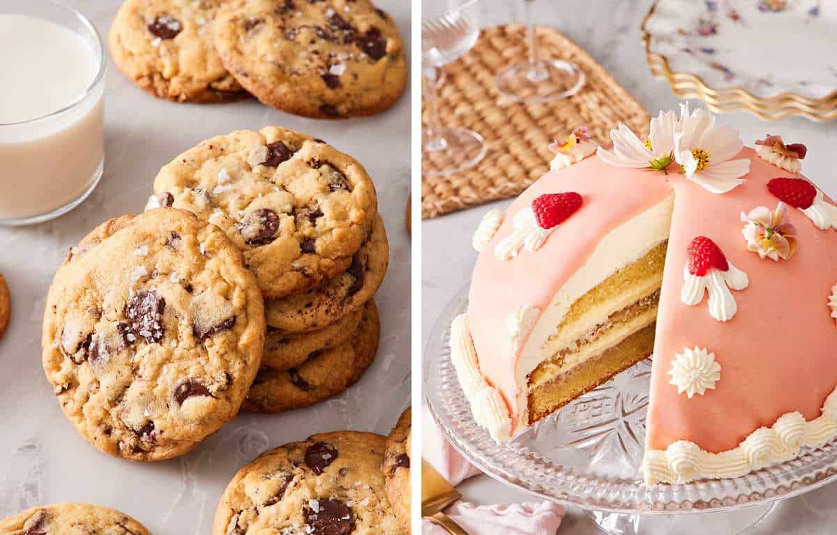 Set of two images showing a stack of chocolate chip cookies, and a cake beautifully decorated with fondant, frosting, berries, and fresh flowers.
