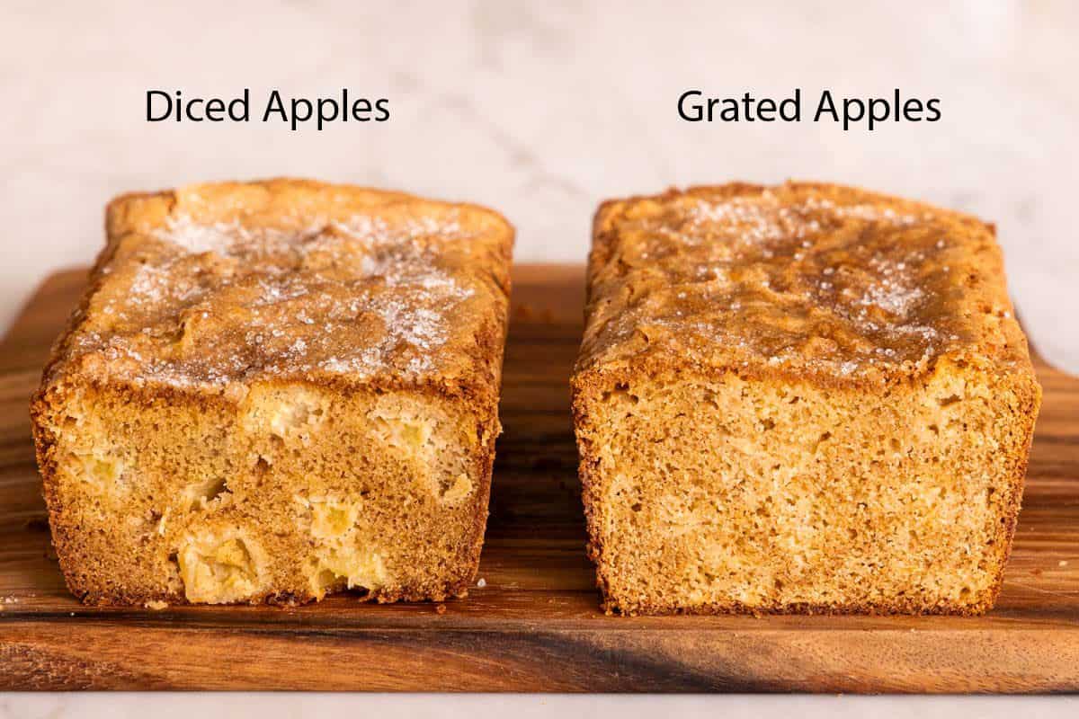 Comparison image of loaves of apple bread, one made with grated apple and the other with diced apple.