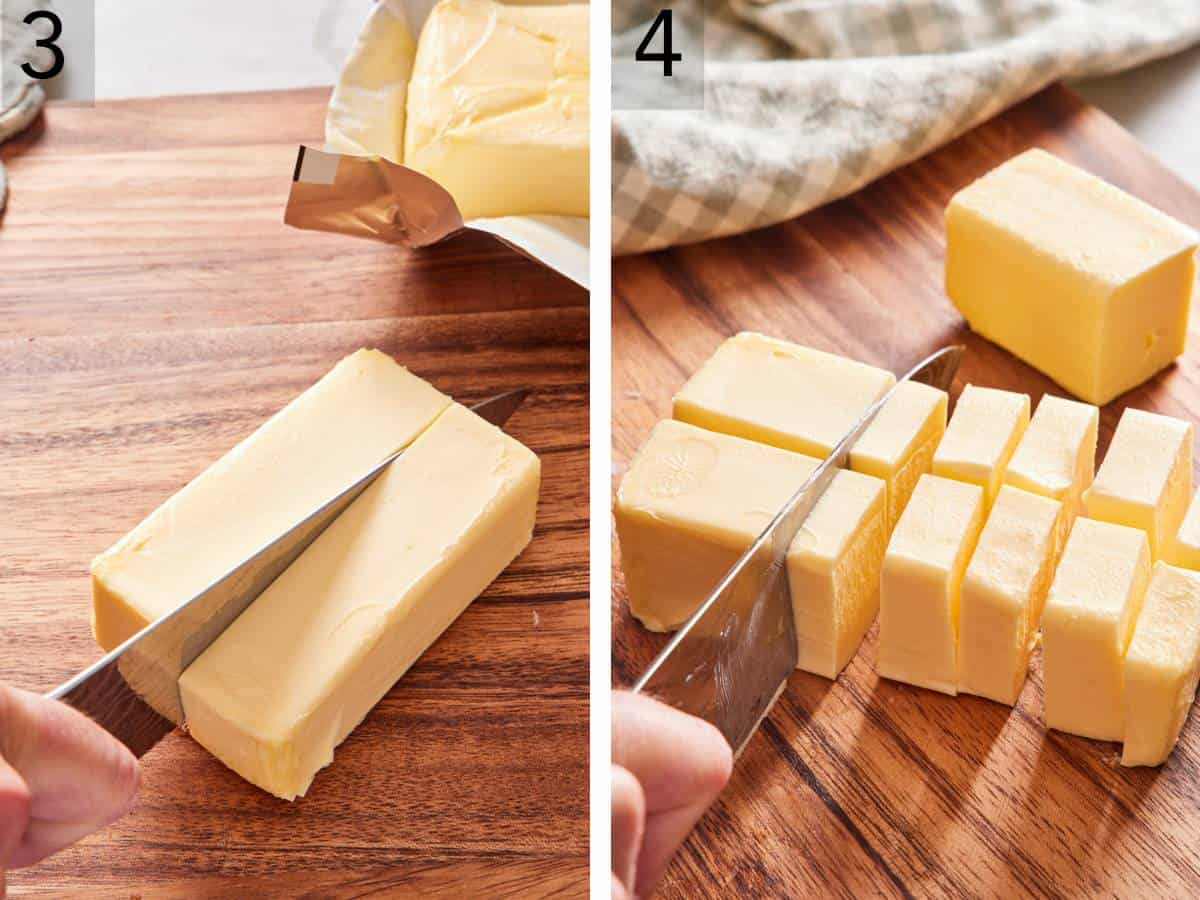 Set of two images showing beurrage prepared by cutting a block of butter into sticks, then smaller pats.