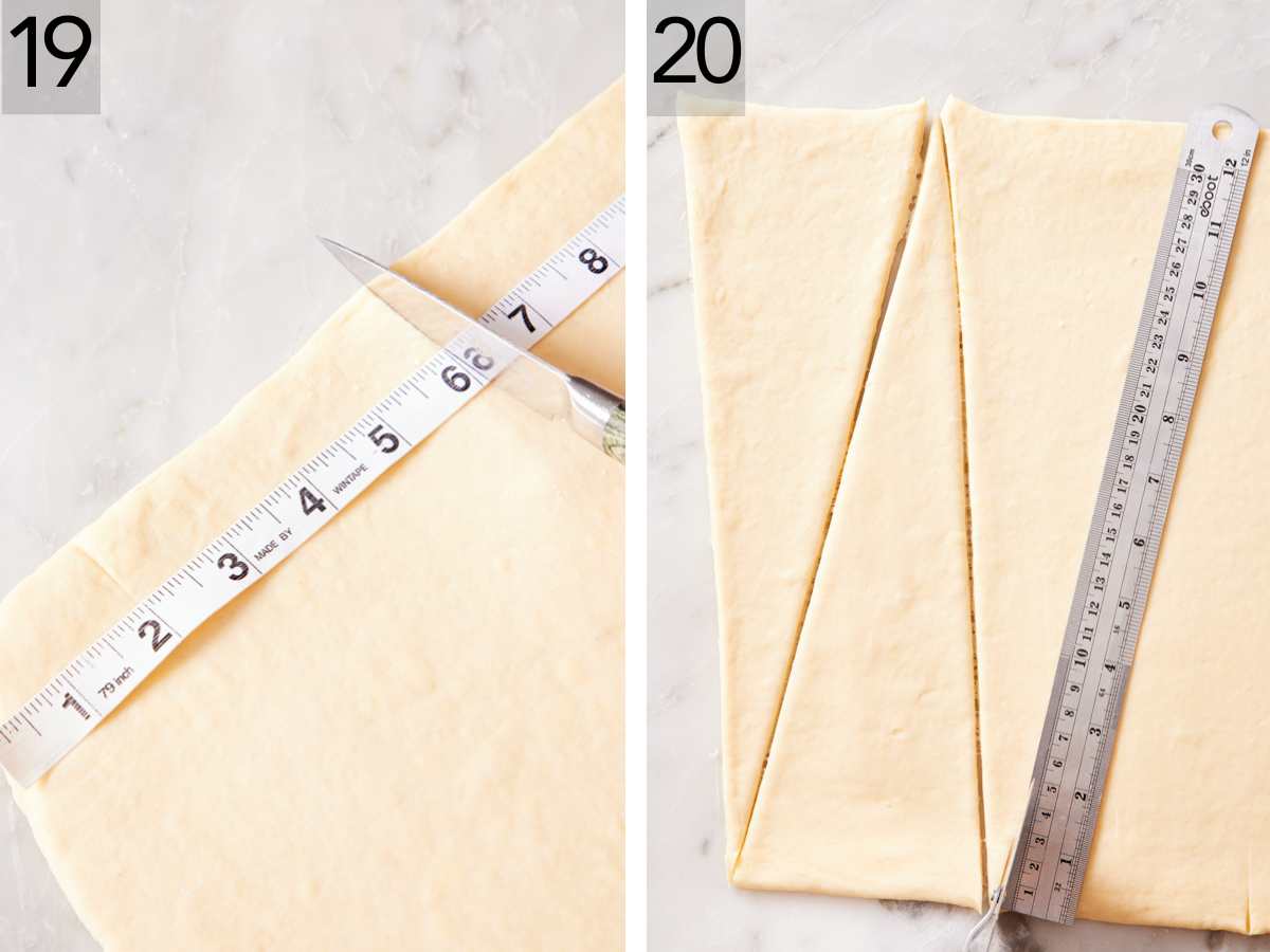 Set of two images showing more measuring, then dough triangles cut out.
