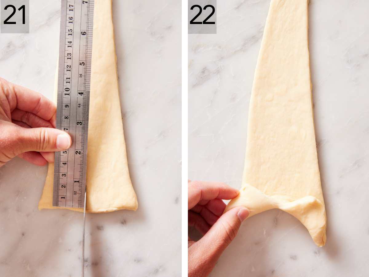 Set of two images showing a cut made in the base of a croissant dough triangle, then folded to the corresponding edge.