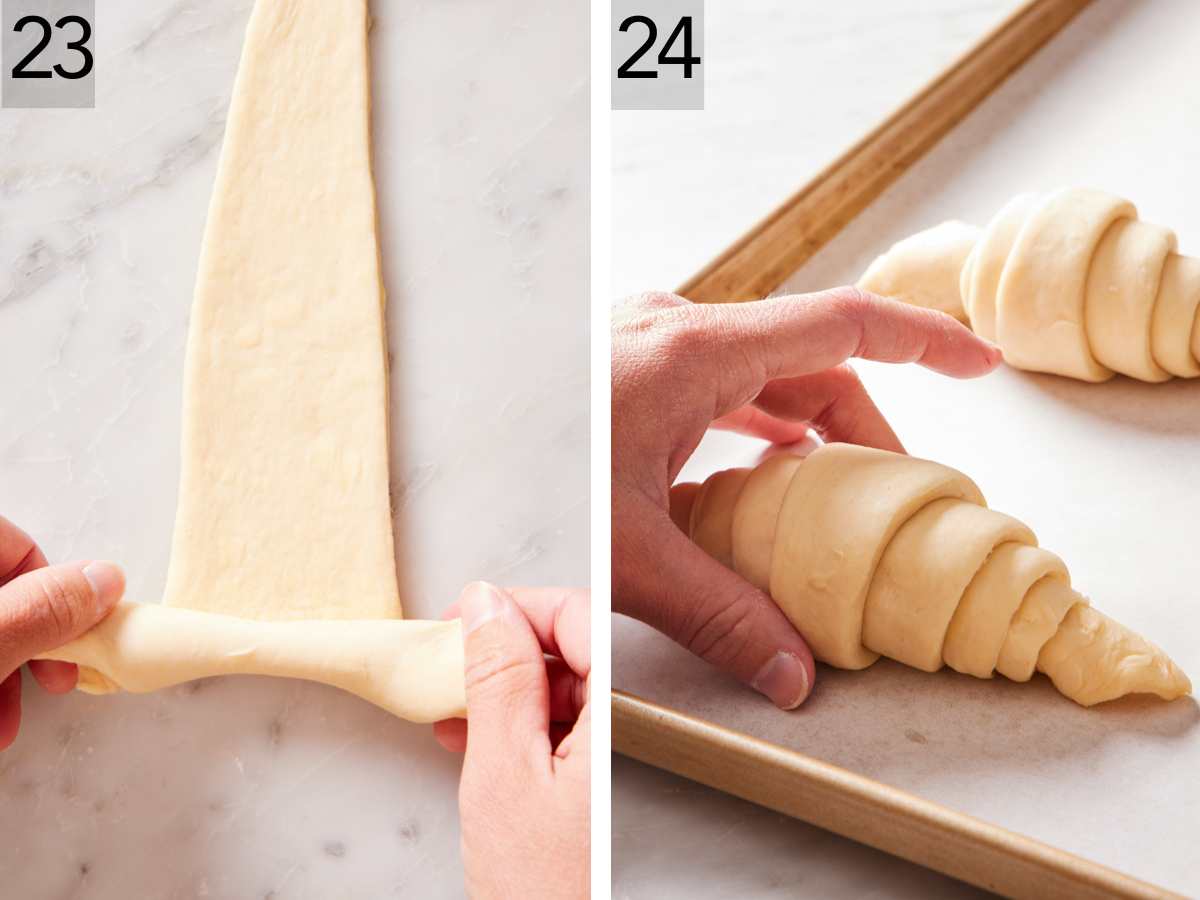Set of two images showing a croissant rolled, then placed on a tray to proof.