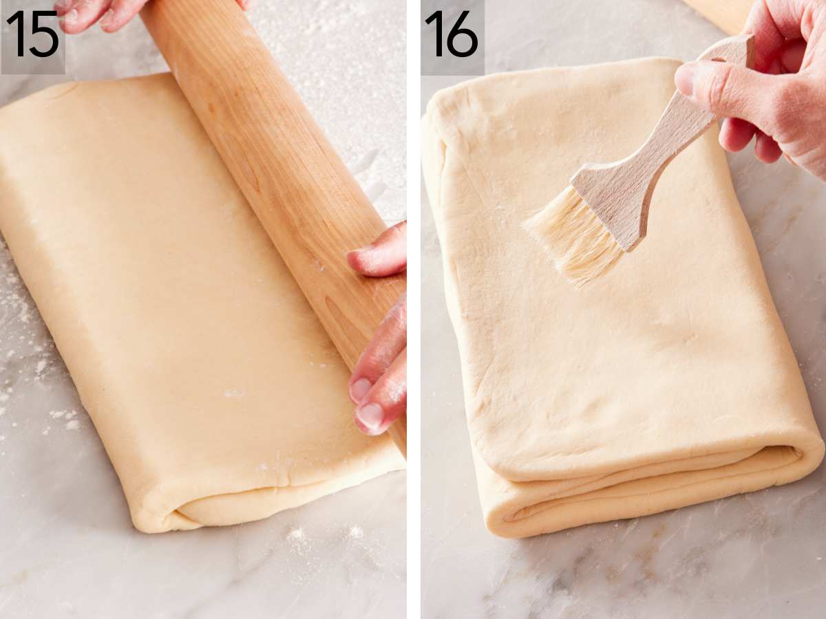 Set of two images showing croissant dough rolled out and folded again, with excess flour brushed off before folding.