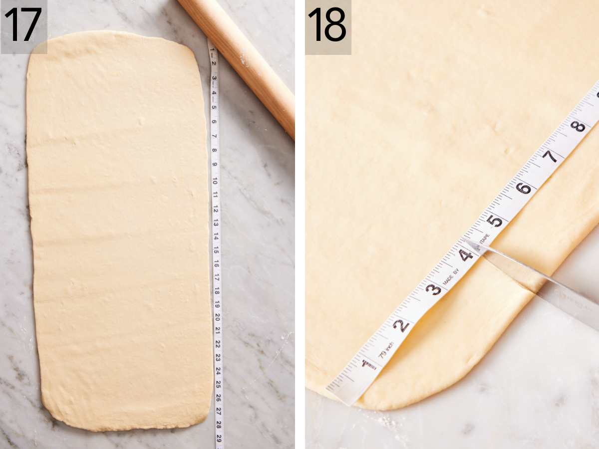 Set of two images showing dough rolled out and measured, then 4-inch marks made along the long side of the dough.