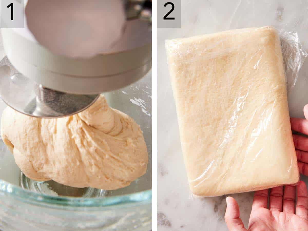 Set of two images showing dough made and wrapped in plastic wrap.