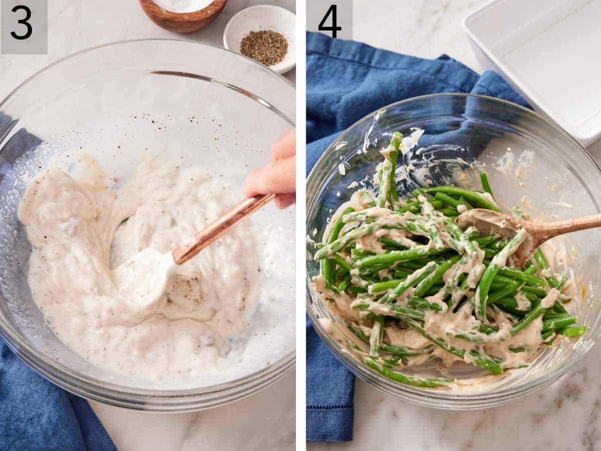 Set of two images showing mushroom soup mixed with other ingredients in a bowl, and beans added and stirred.