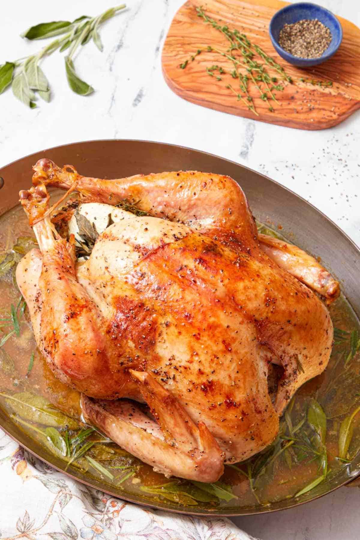 A whole roasted turkey in a large baking dish.