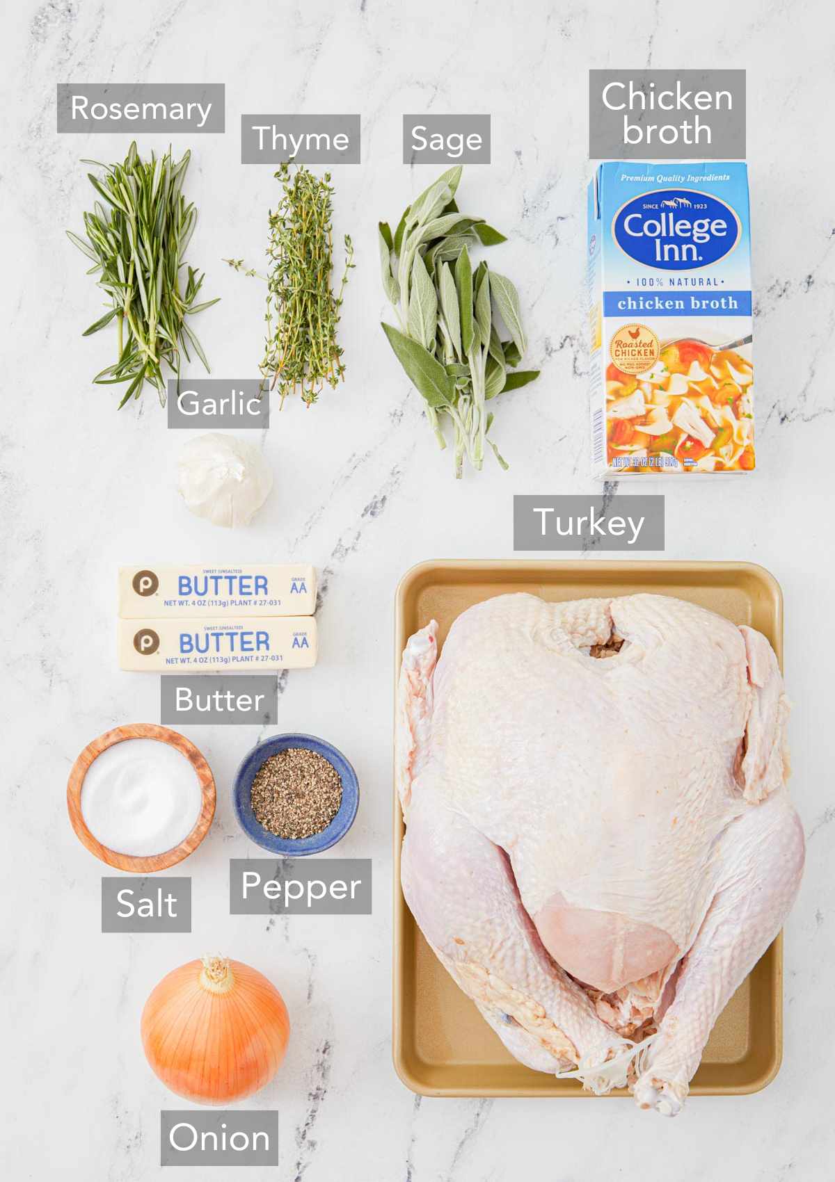 Ingredients for how to roast a turkey recipe.