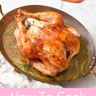Pinterest graphic showing a whole turkey on a baking dish with a patterned table linen alongside.