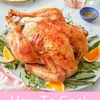 Pinterest graphic showing a turkey on a platter with fresh herbs and citrus.