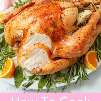 Pinterest graphic showing a roasted turkey with a slice cut out to show the juicy meat.