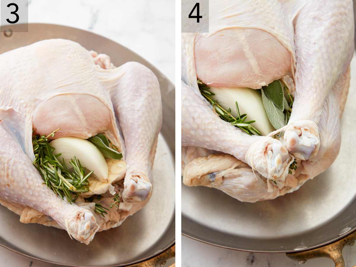 Pinterest graphic showing the turkey cavity stuffed and the legs tied together.