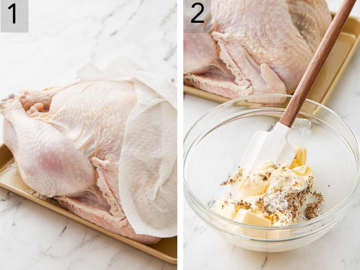 Set of two images showing a turkey patted with paper towel, and the butter mixture stirred together.