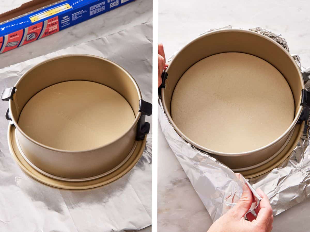 Set of two images showing how to wrap the springform pan with foil to prevent water leaking into the bottom and creating a soggy pumpkin cheesecake crust.