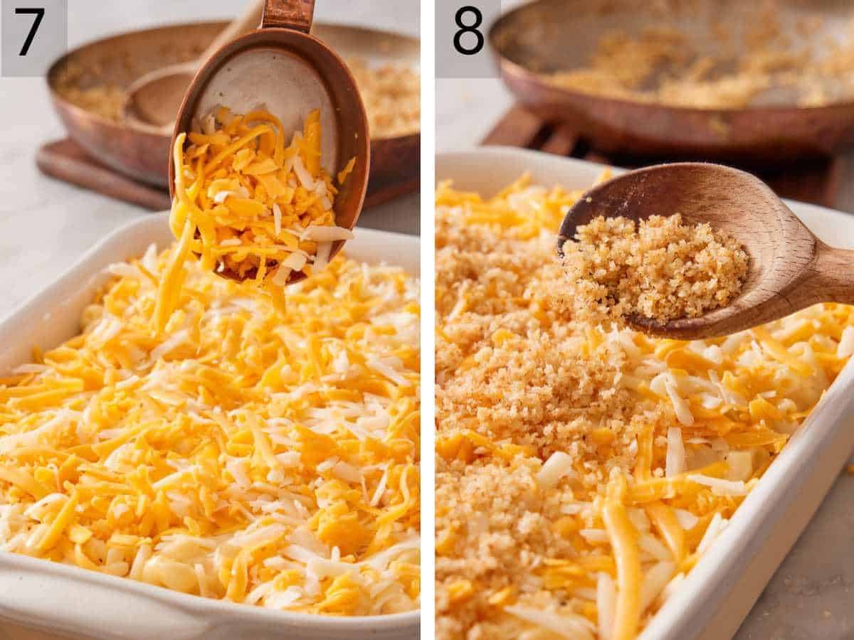 Set of two images showing cheese sprinkled over the top of the mac and cheese mixture, followed by toasted panko bread crumbs.