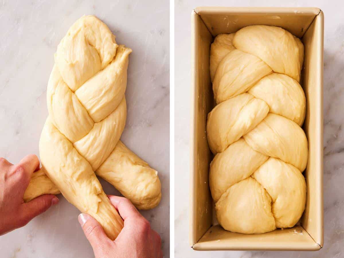 Set of two images showing homemade brioche dough braided and placed in a loaf pan.