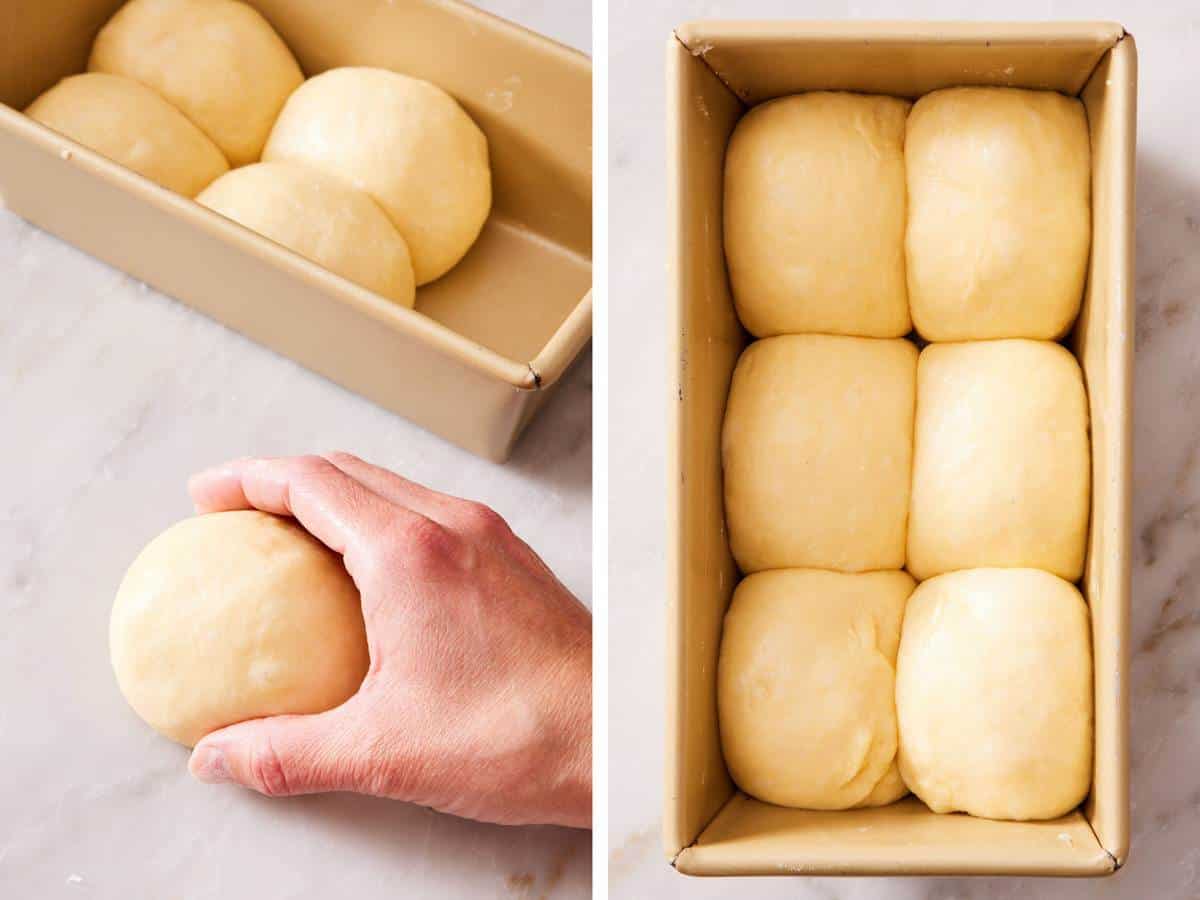 Set of two images showing nantaise brioche dough rolled into balls and then placed in a loaf pan together.