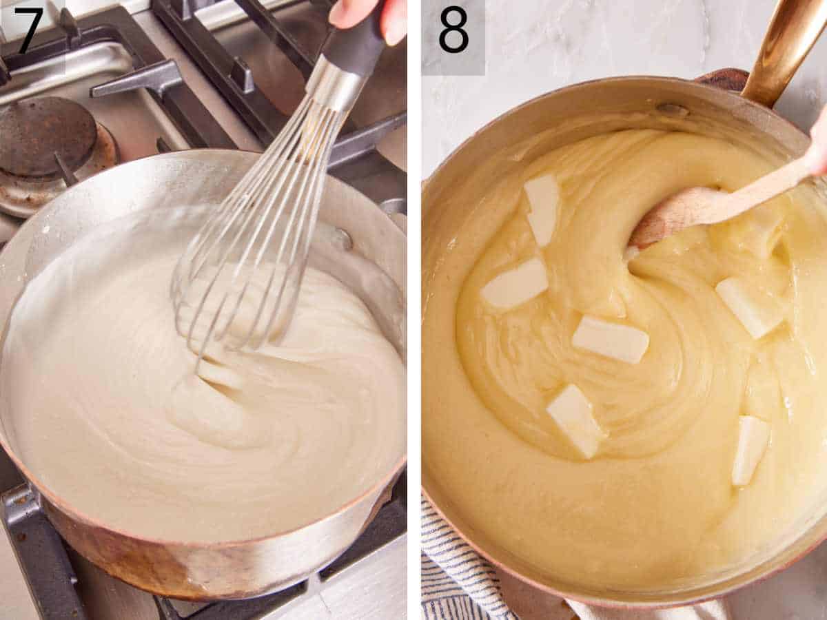 Set of two images showing the coconut cream pie custard cooking, and butter added.
