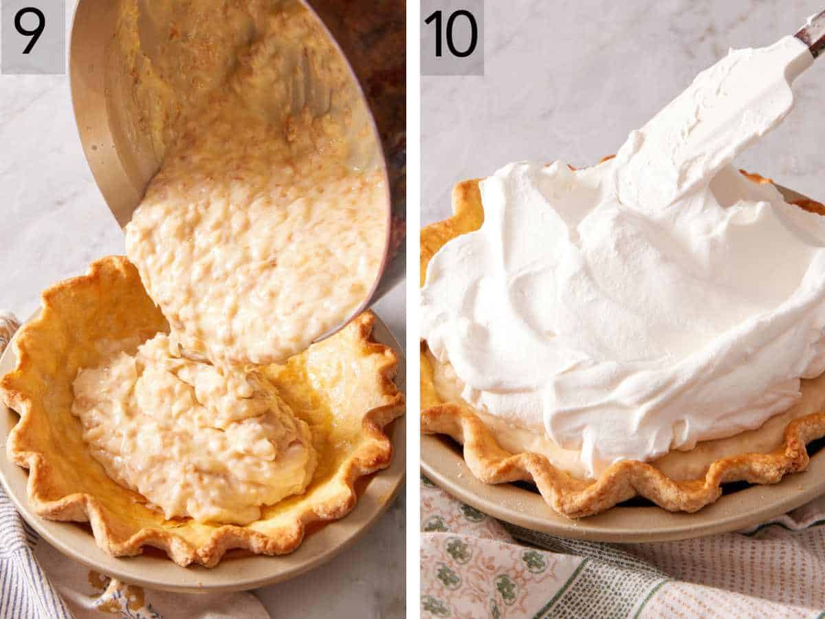 Set of two images showing the pie filling poured into the baked pie crust, and whipped cream smoothed over the top after the pie has chilled.
