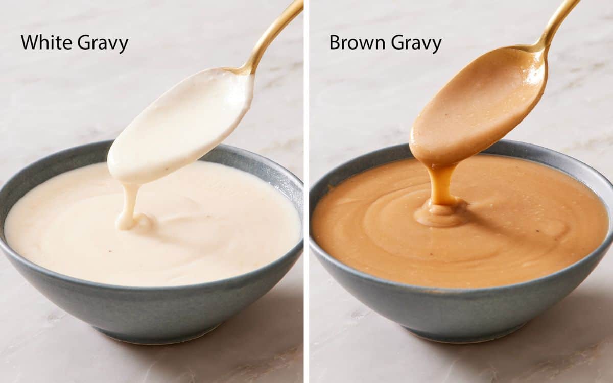 Comparison image showing white gravy and brown gravy in bowls with spoons hovering slightly over.