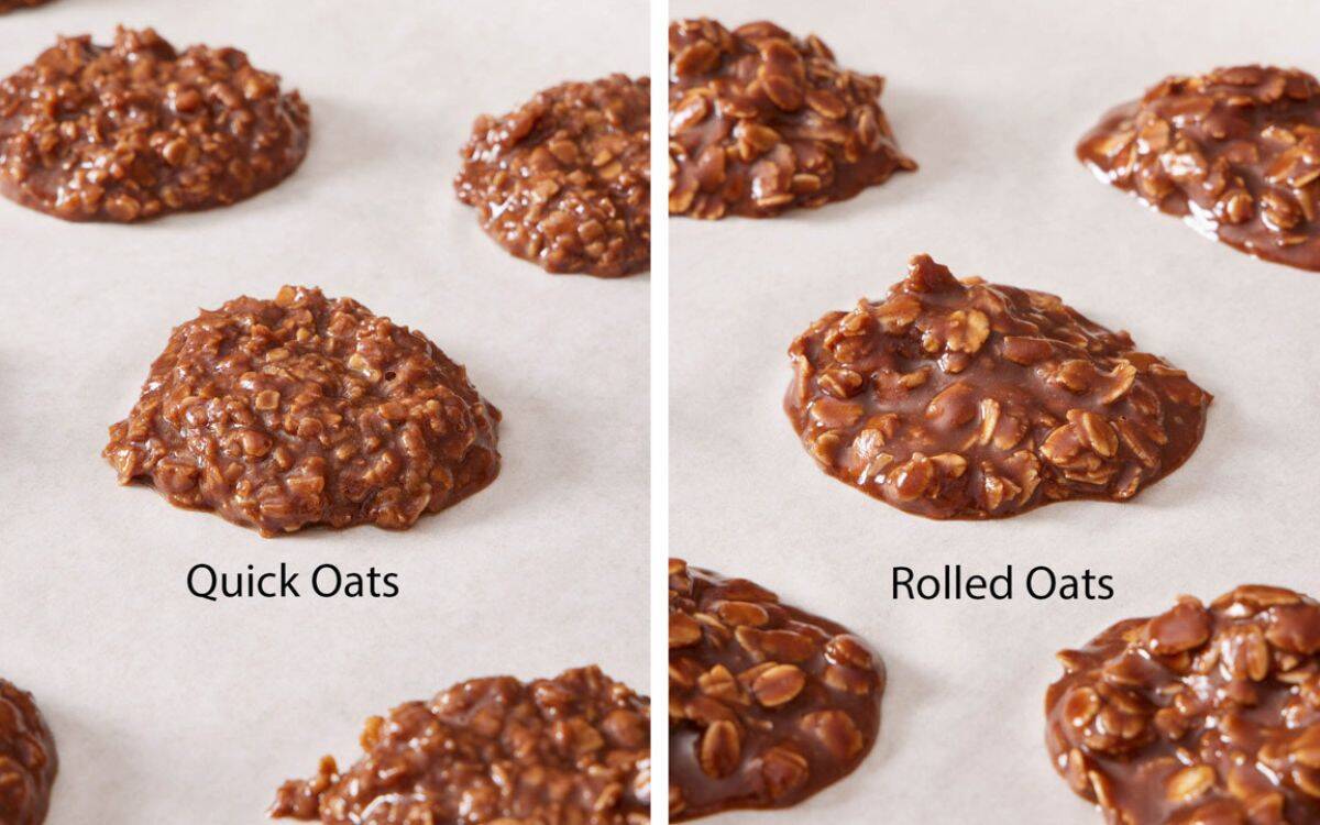 Comparison image showing no bake cookies made with quick oats vs rolled oats.