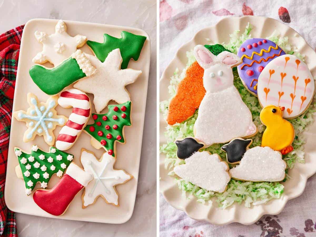 Set of two images showing sugar cookies on platters cut into different shapes and decorated for Christmas and Easter.