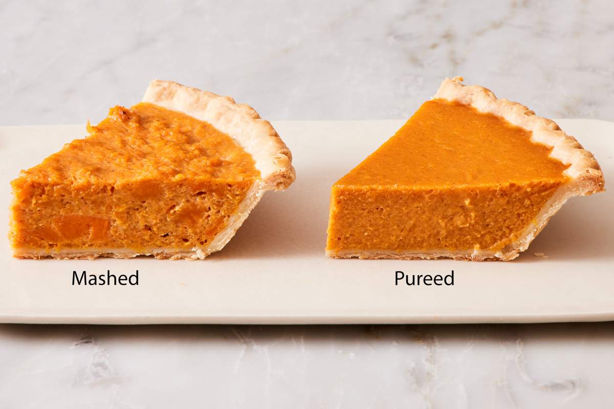 Side by side slices of sweet potato pie, one made with pureed sweet potato and one made with mashed sweet potato.