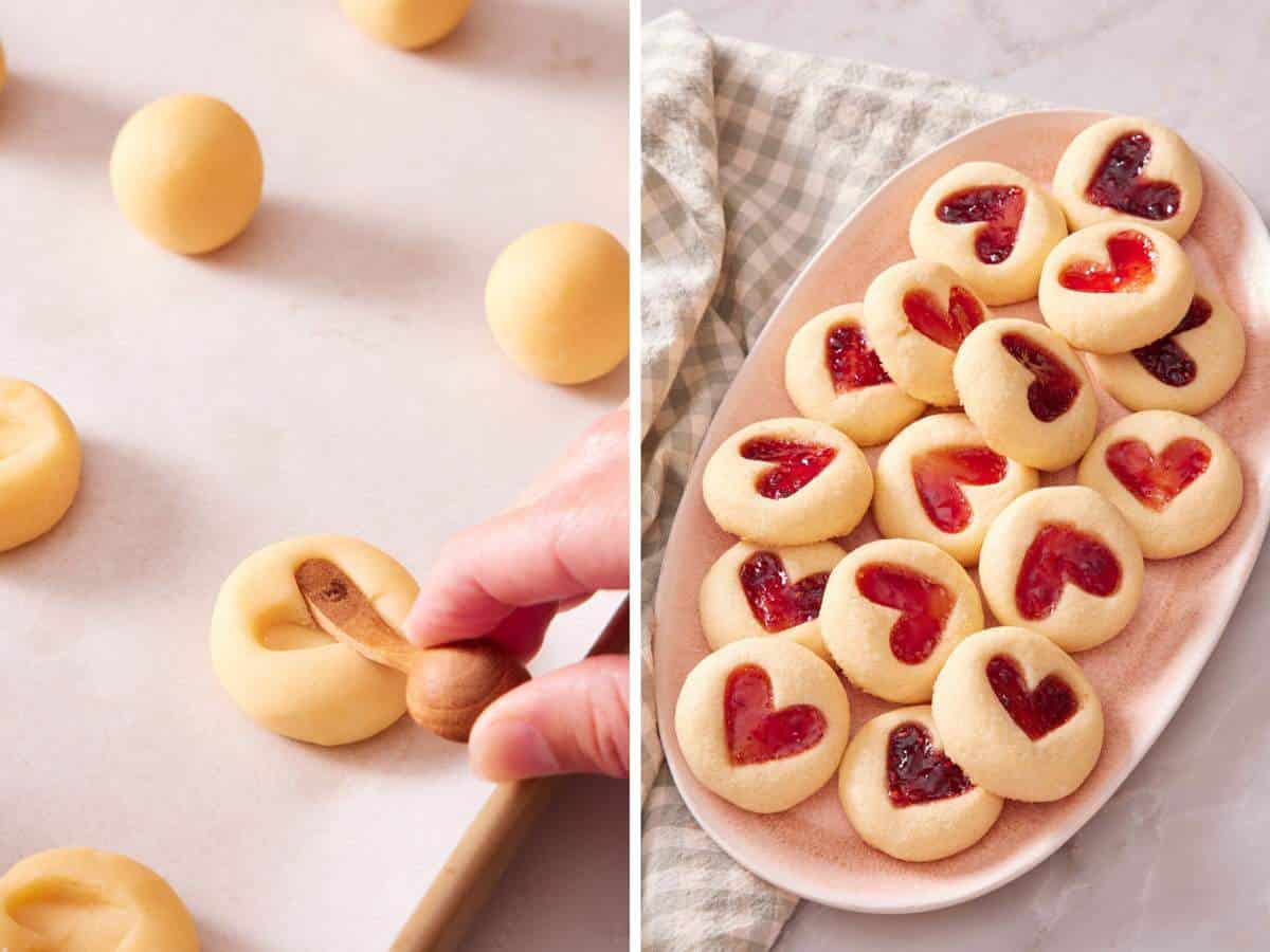 Set of two images showing heart-shaped indents formed in thumbprint cookies, and how they look filled with jam.