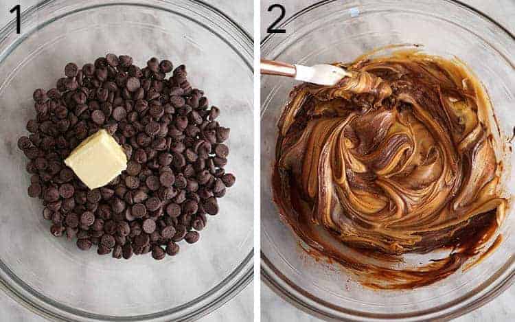Set of two images showing chocolate chips and butter in a bowl, then melted and mixed with peanut butter.