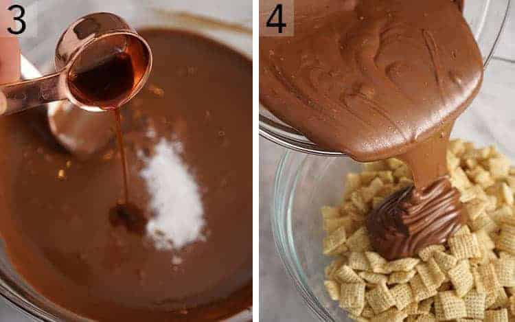 Set of two images showing vanilla added, and the chocolate mixture poured over Chex cereal.