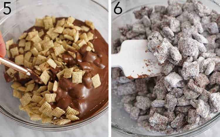 Set of two images showing everything folded together, and then tossed with powdered sugar.