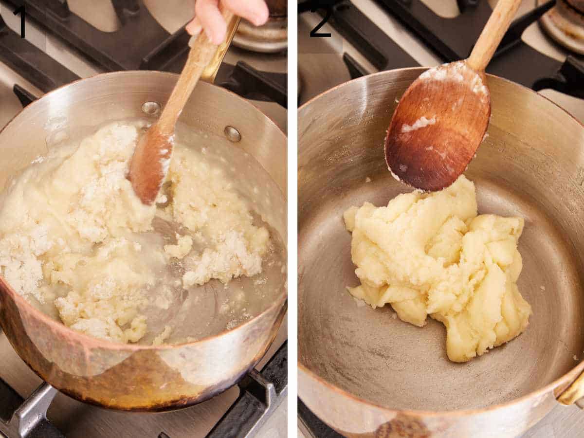 Set of two images showing flour added to a water and melted butter mixture, and the mixture cooked until thickened.