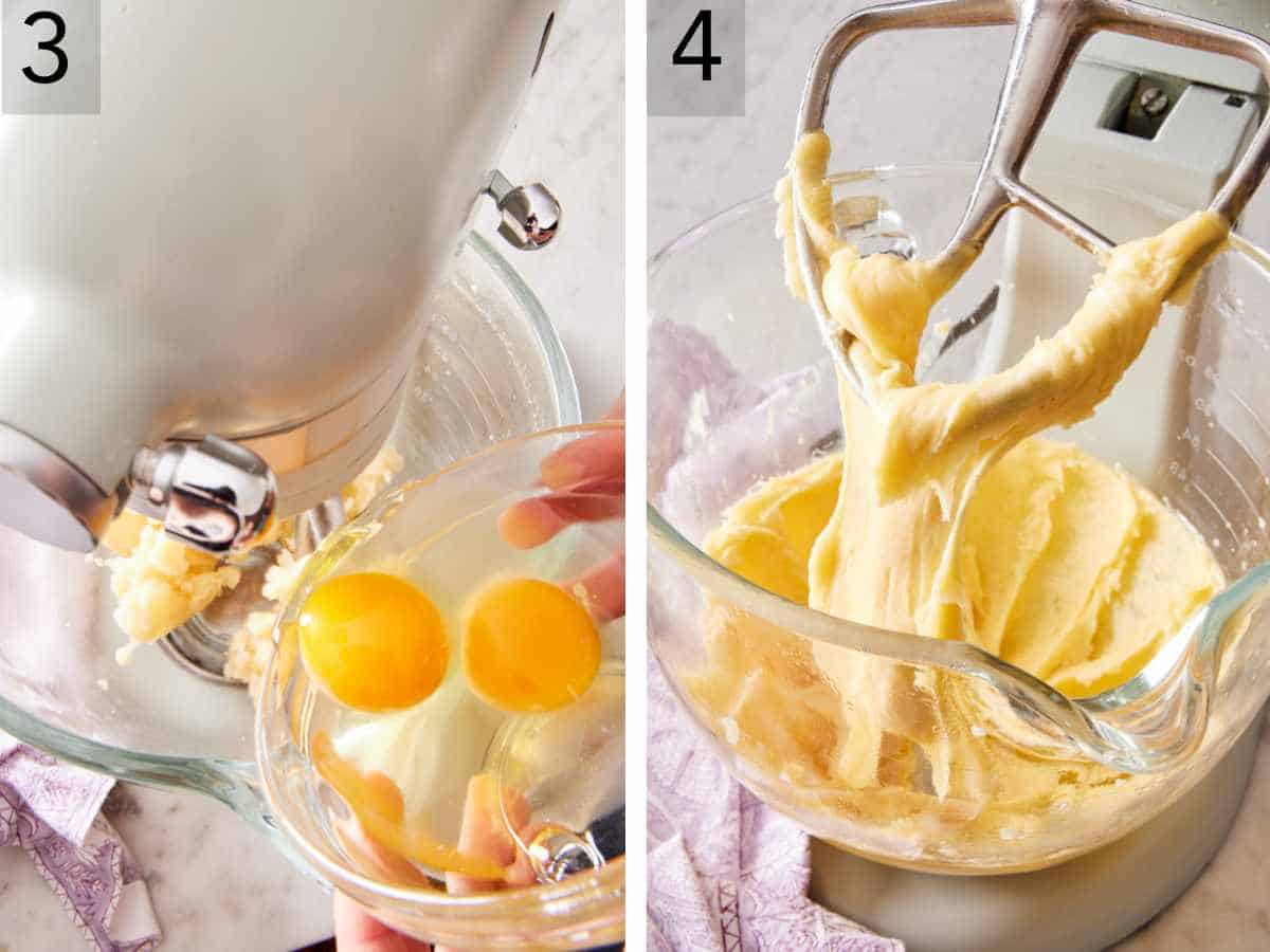 Set of two images showing eggs added to the flour mixture, and the prepared choux dough in the bowl of a stand mixture.