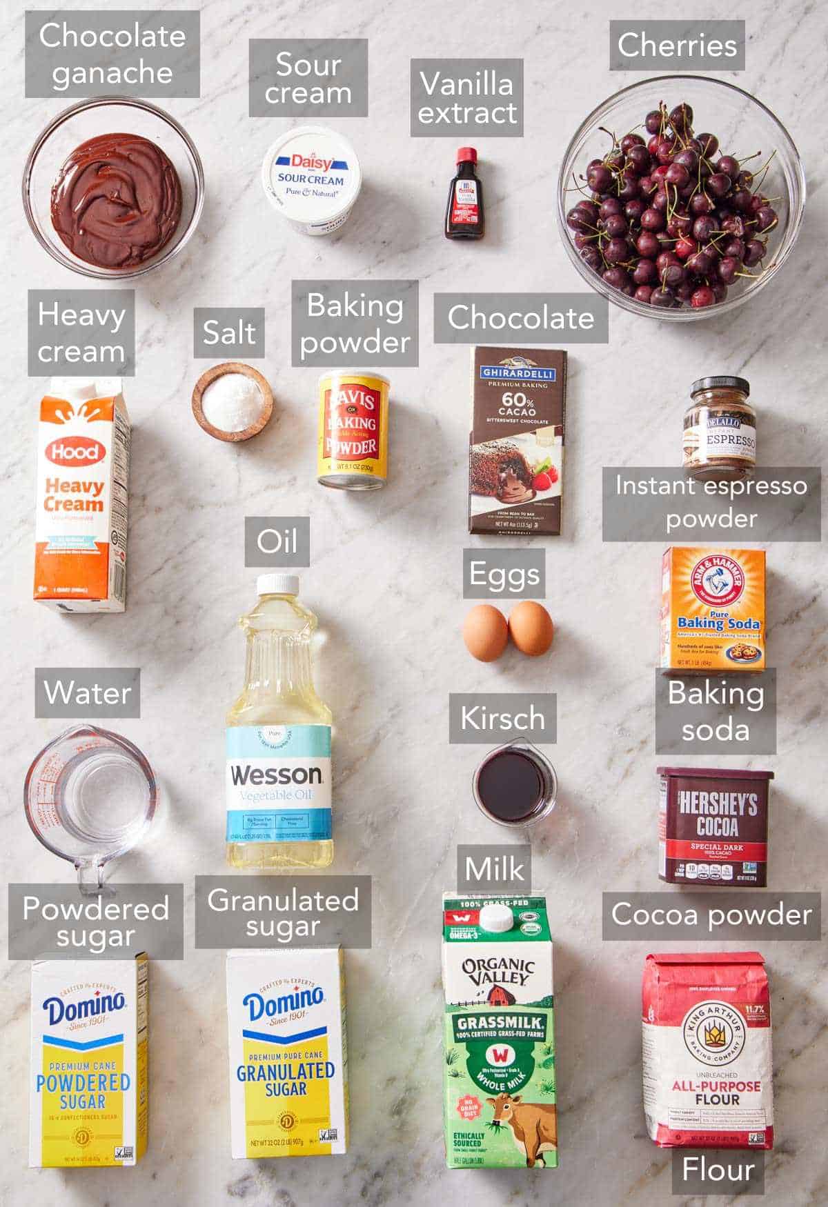 Ingredients for black forest cake.