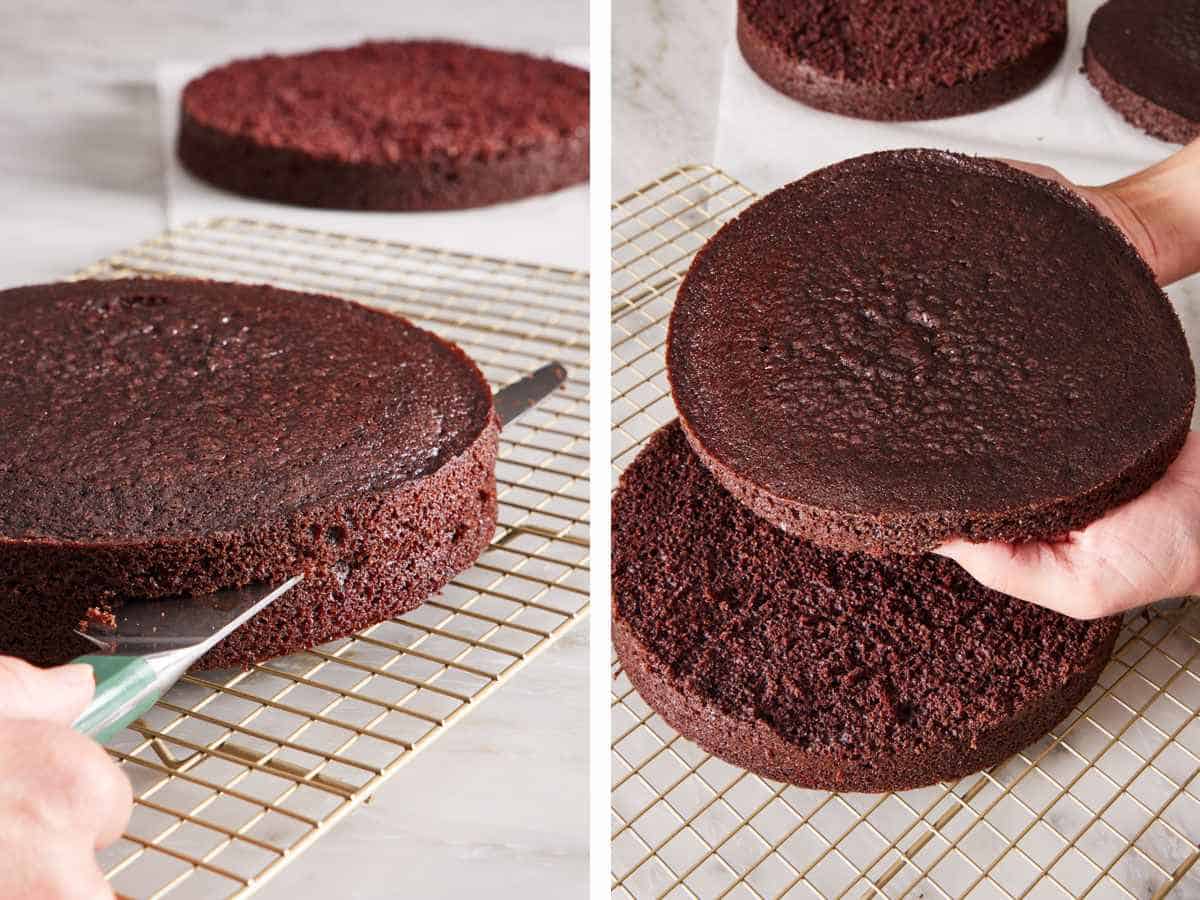 Two images showing how to cut cake layers.