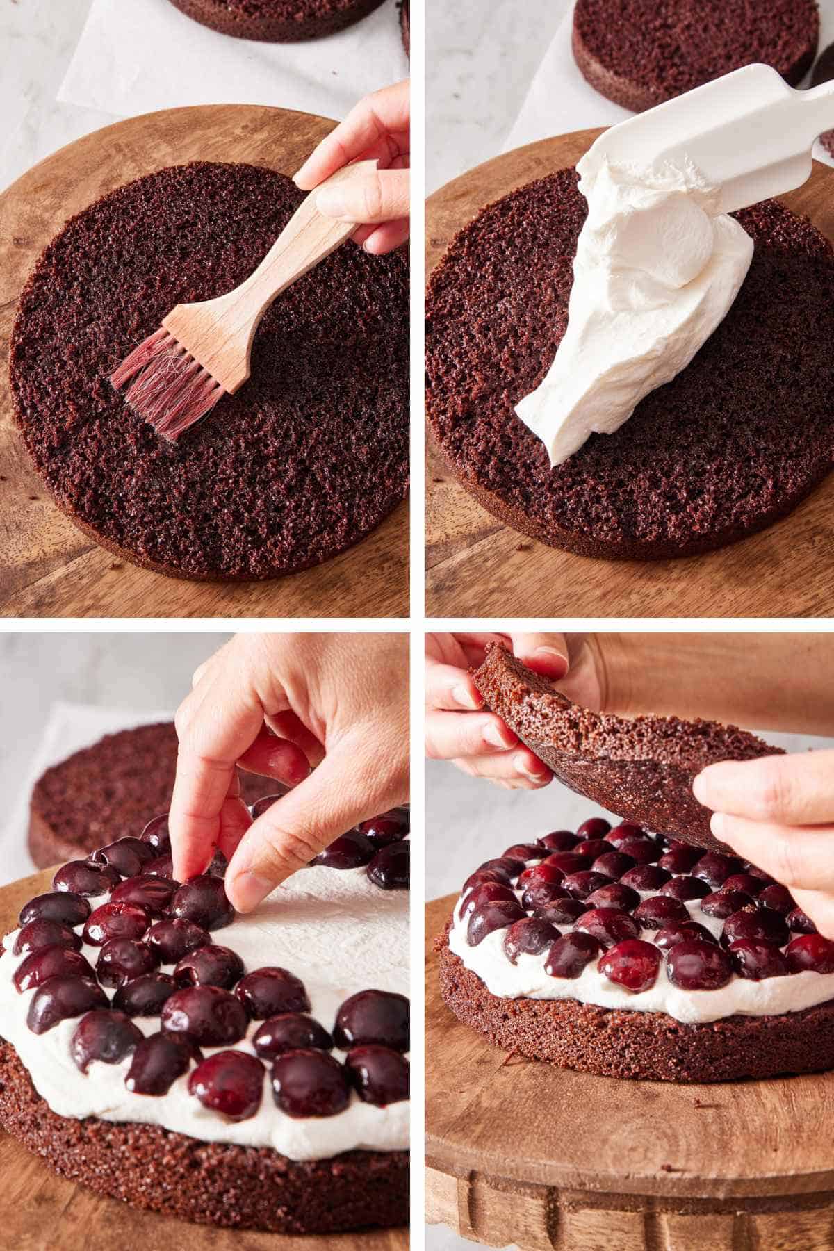 Four images showing how to prepare and layer the Schwarzwälder Kirschtorte.