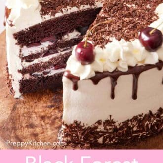 Pinterest graphic showing a close up of a black forest cake with a slice cut out, showing all the layers.