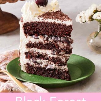 Pinterest graphic showing a slice of cake standing up on a small green plate.