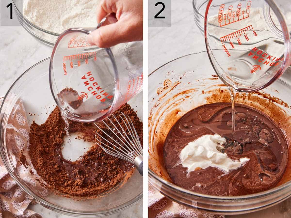 Set of two images showing cocoa powder and espresso powder bloomed with hot water, and other wet ingredients added.