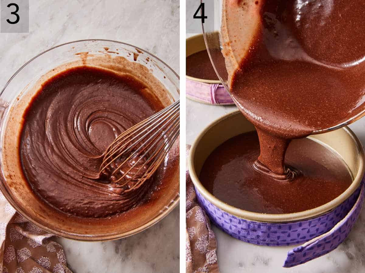 Set of two images showing wet and dry ingredients whisked together and cake batter poured into a cake pan.