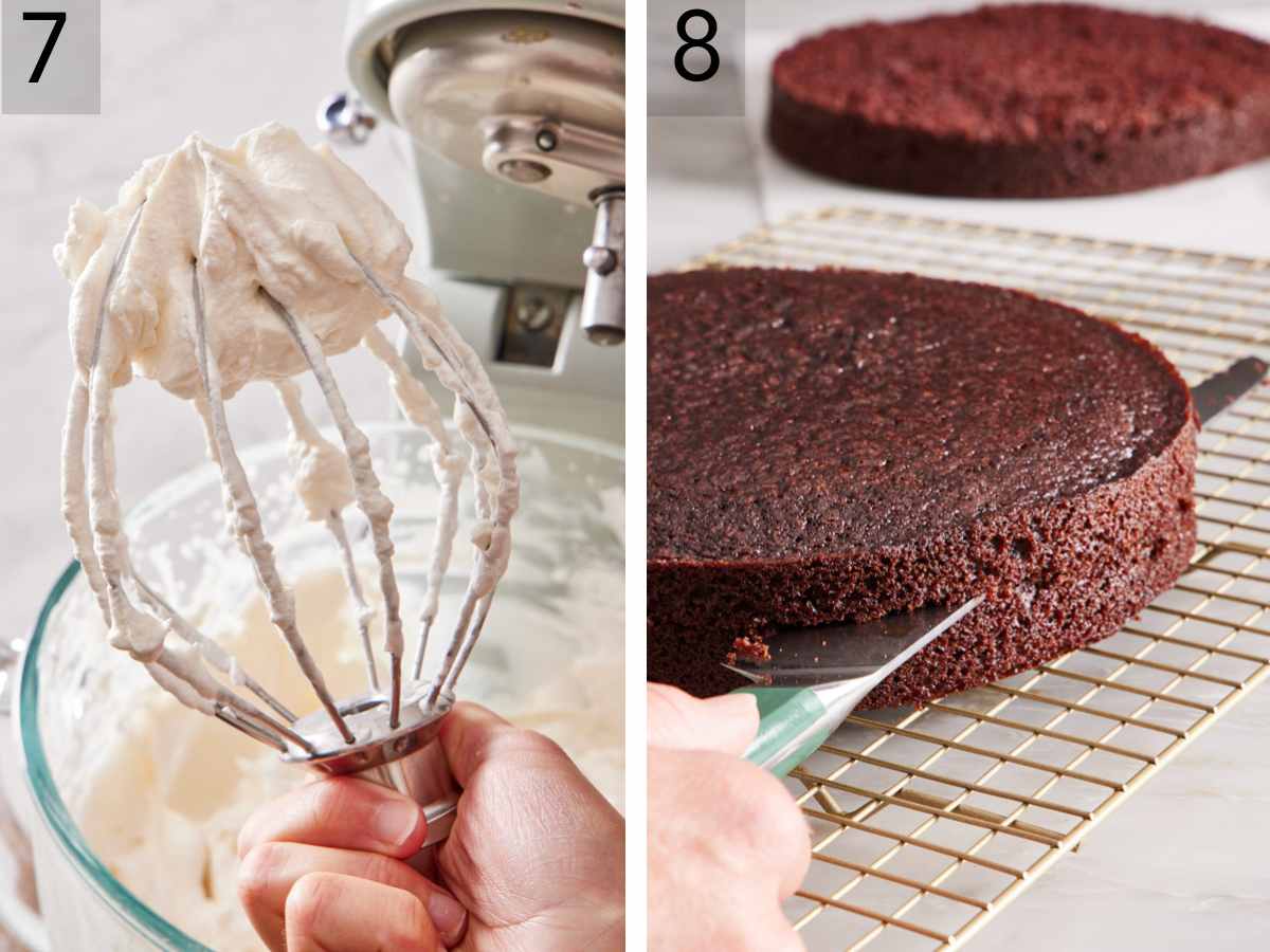 Set of two images showing whipped cream on a whisk attachment, and cake layers cut.