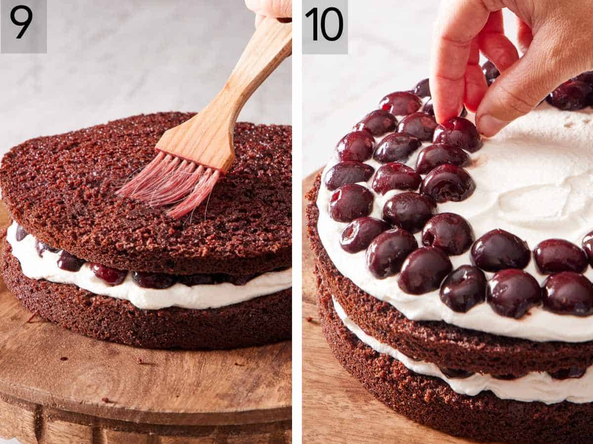 Set of two images showing cherry syrup brushed on a cake layer, and more steps in the layering process.
