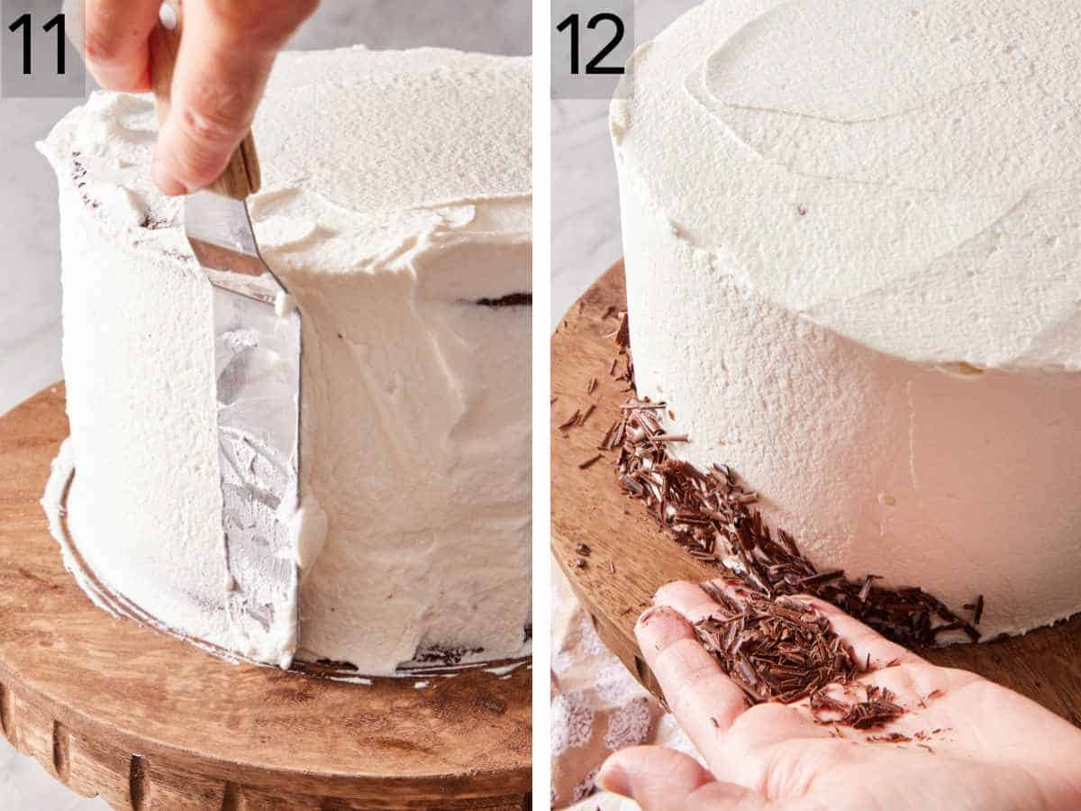 Set of two images showing whipped cream spread all over the outside of the cake, and chocolate shavings pressed onto the sides.